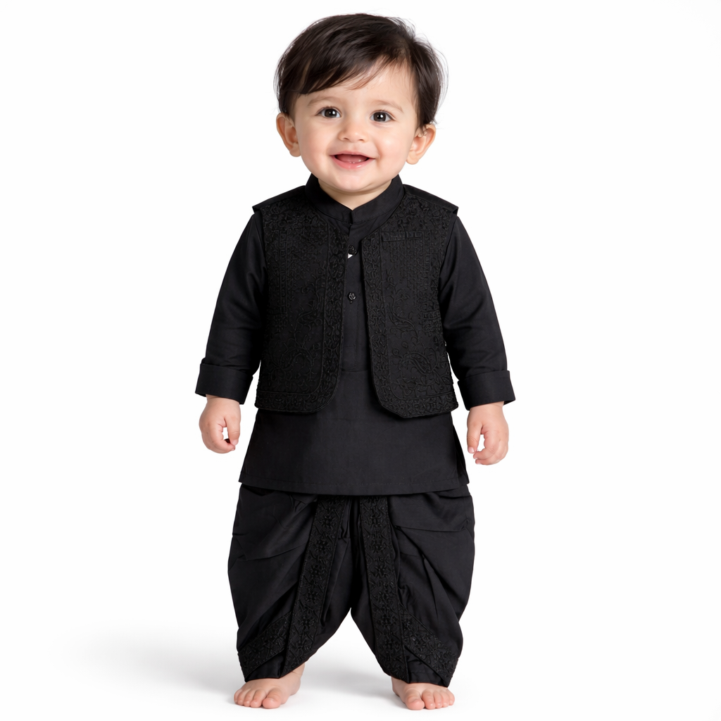 Trendy Dhoti Kurta With Waistcoat Black