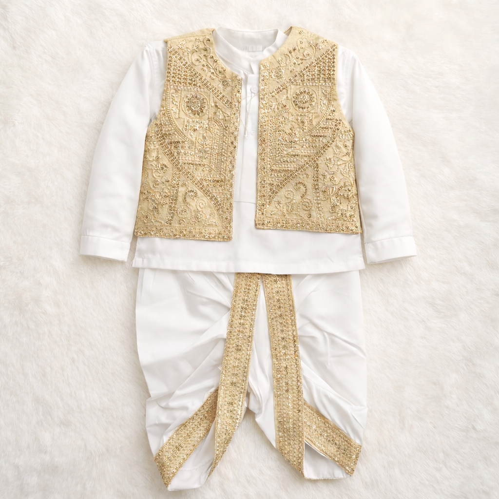 Premium Gold Dhoti Kurta With Waistcoat