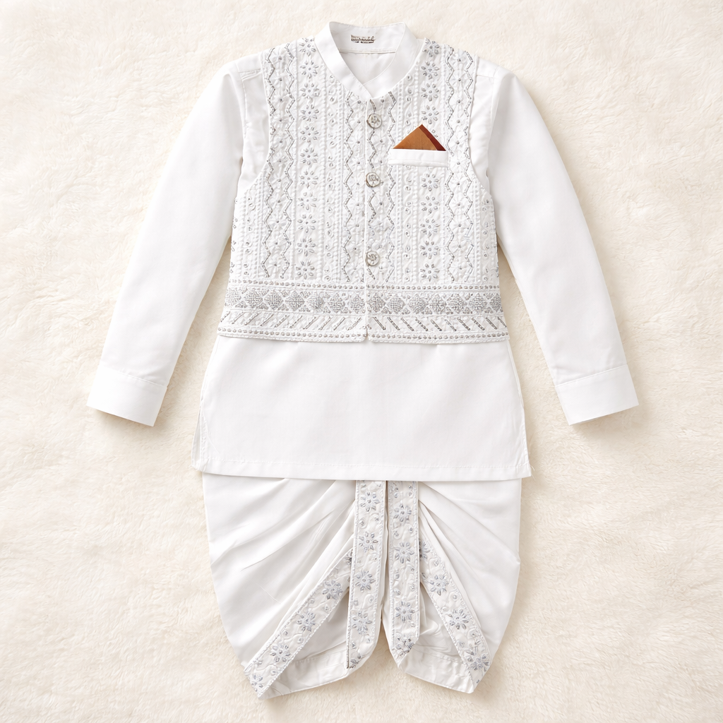 Nawab White Dhoti Kurta With Waistcoat