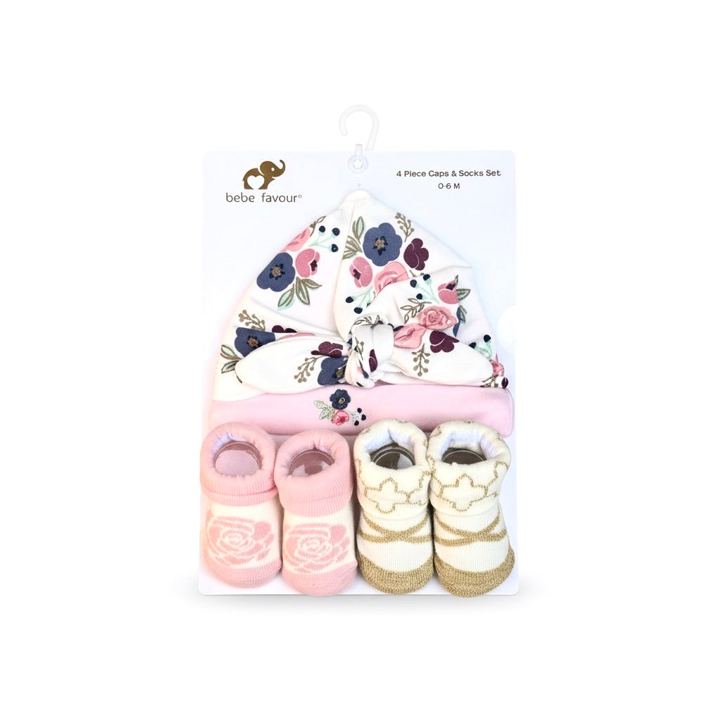 Rose Flower 4 Piece Cap With Booties