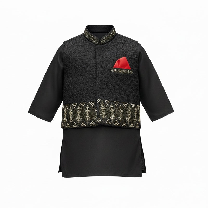 Black Gold Kurta Pajama with Waistcoat