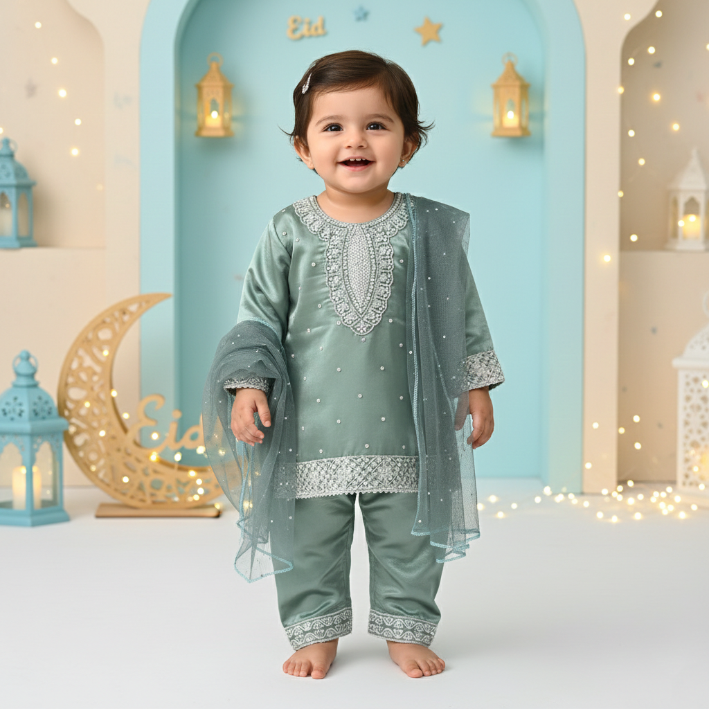 Green Eid Girl 3 Piece Dress