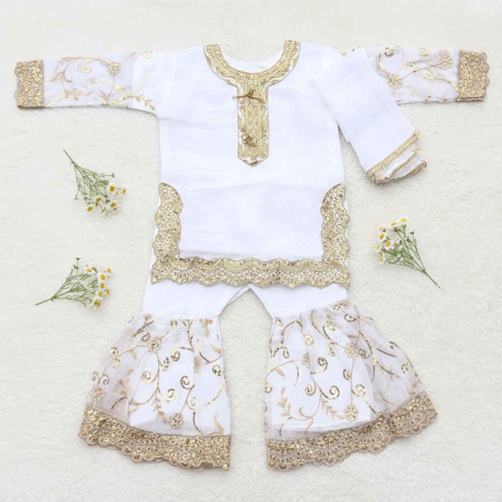 White Eid Girl 3 Piece Dress