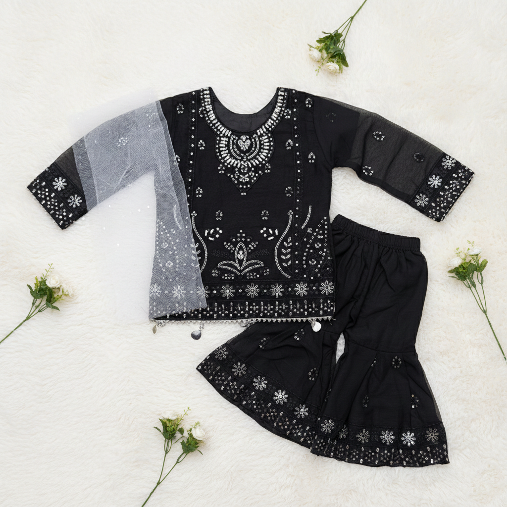 Black Eid Girl 3 Piece Dress
