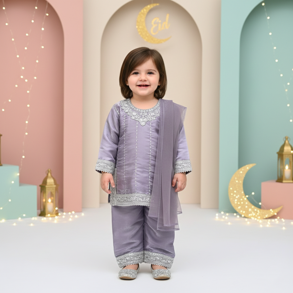 Purple Eid Girl 3 Piece Dress