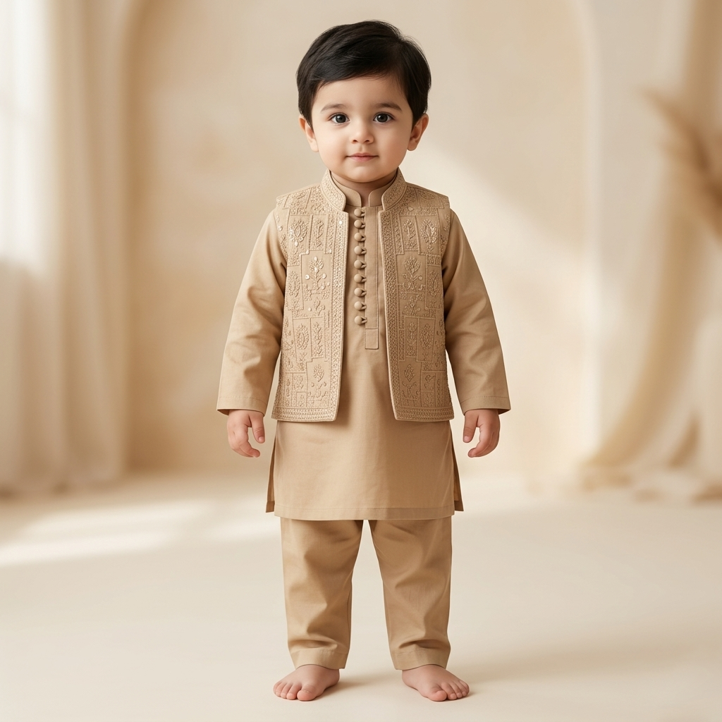 Little Nawab Kurta Pajama Waistcoat Set Almond