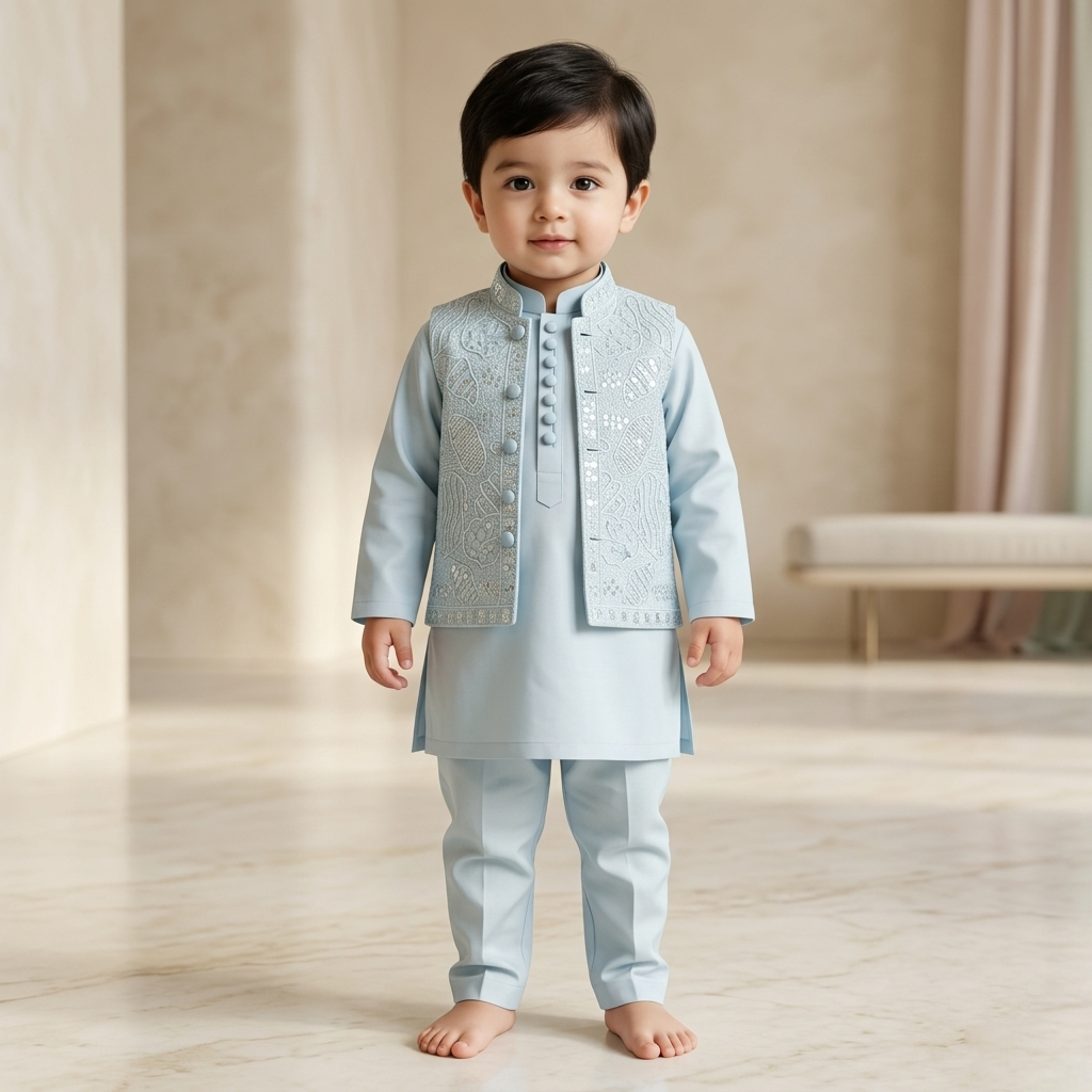 Ice Blue Kurta Pajama Waistcoat Set