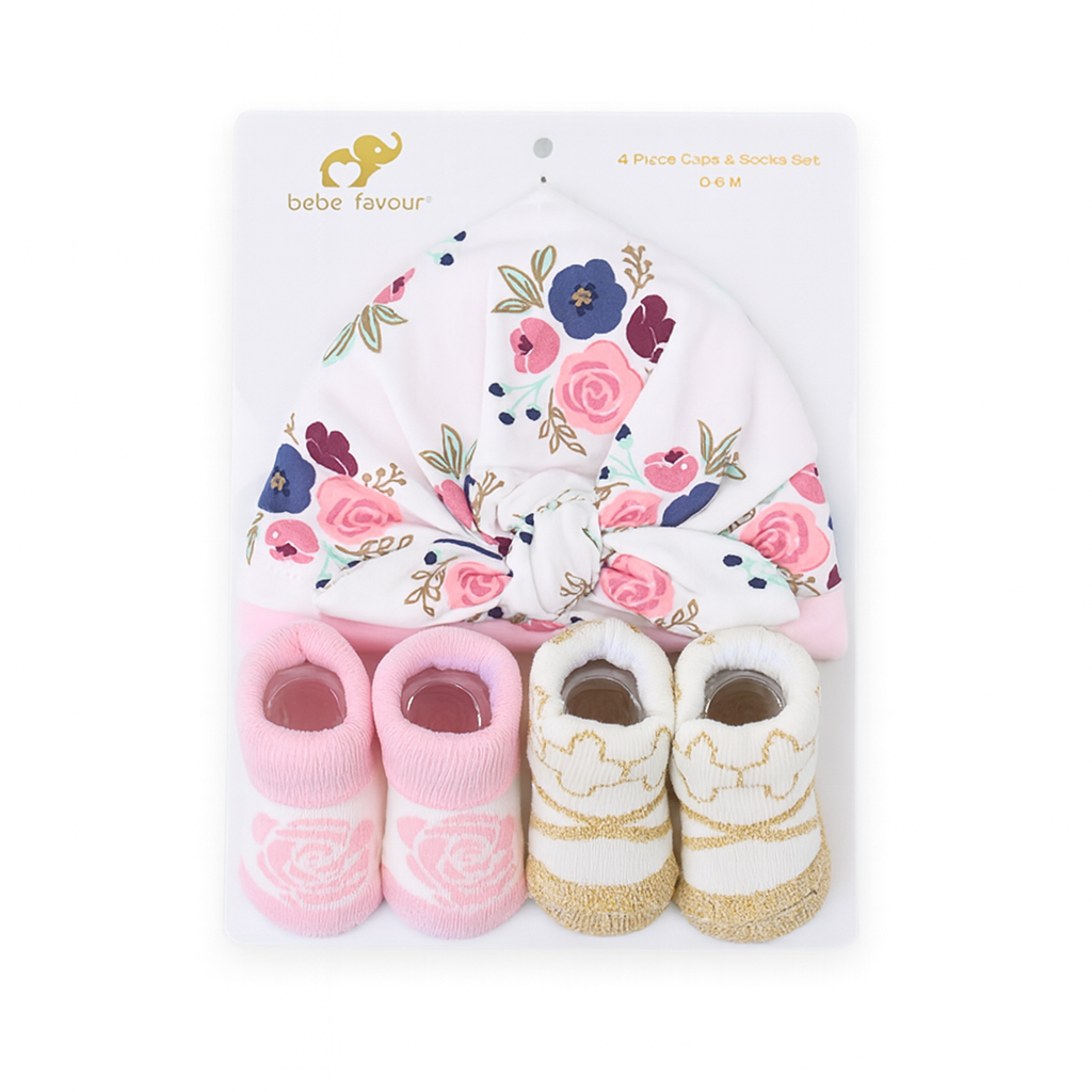 Rose Flower 4 Piece Cap With Booties