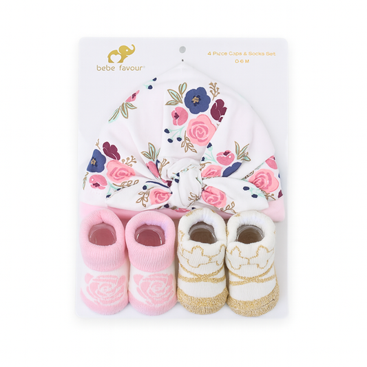 Rose Flower 4 Piece Cap With Booties