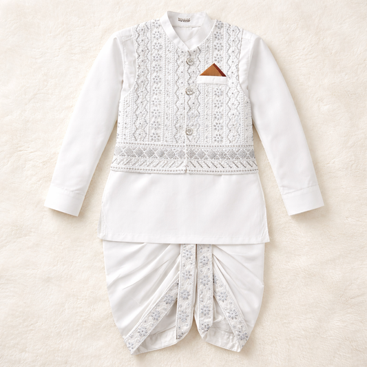 Nawab White Dhoti Kurta With Waistcoat