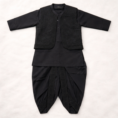 Trendy Dhoti Kurta With Waistcoat Black