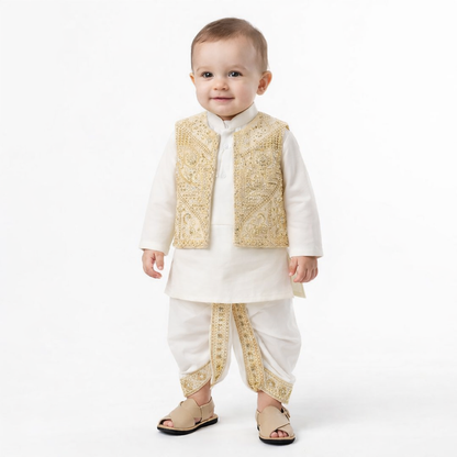 Premium Gold Dhoti Kurta With Waistcoat