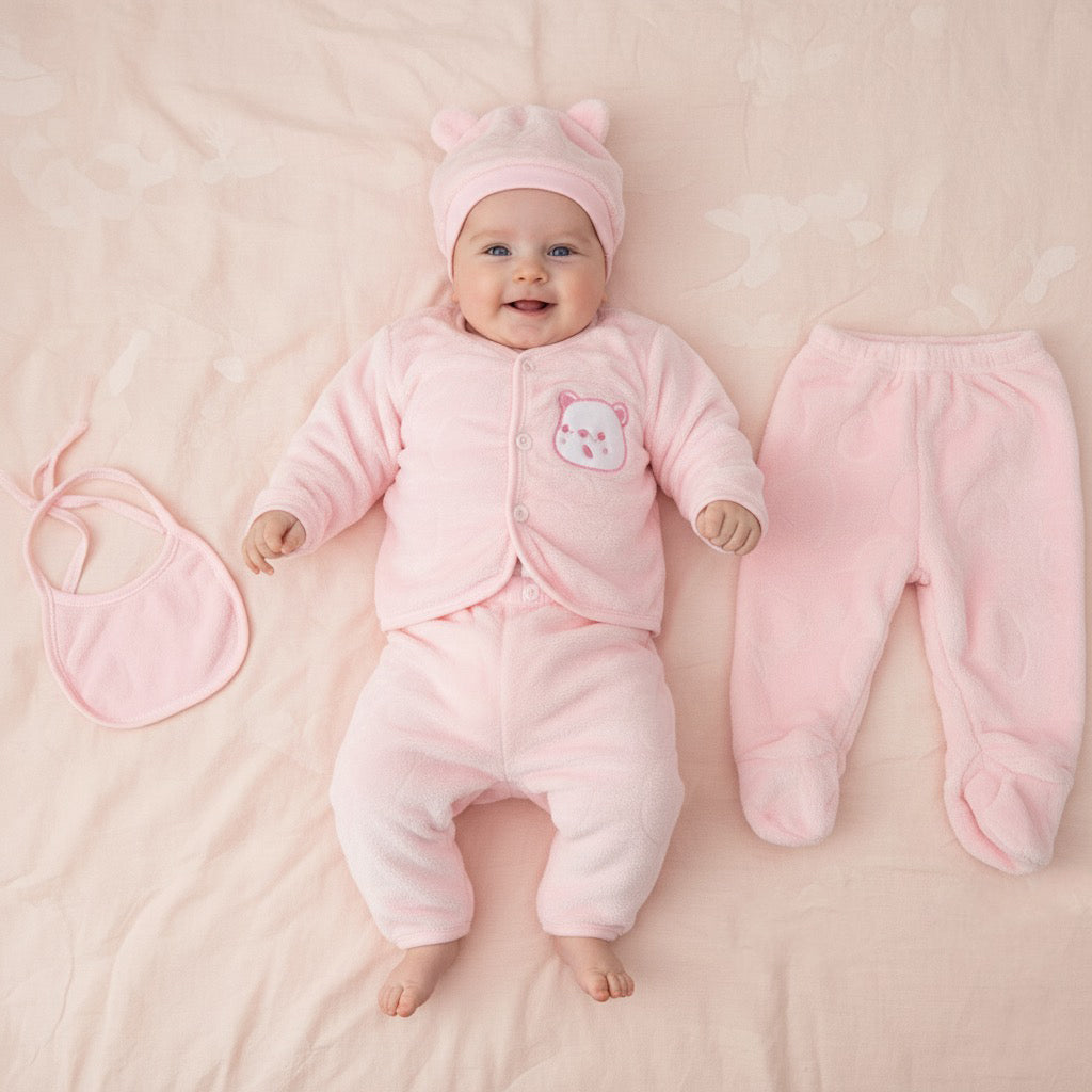 Pink Bear Fleece 5 Piece Winter Starter Set