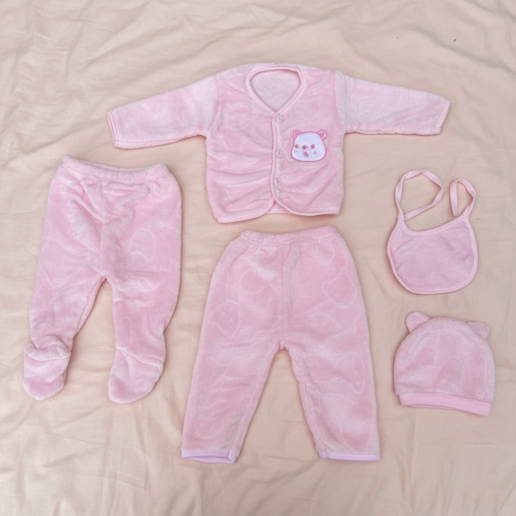 Pink Bear Fleece 5 Piece Winter Starter Set