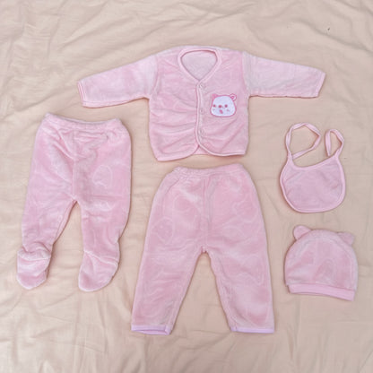 Pink Bear Fleece 5 Piece Winter Starter Set