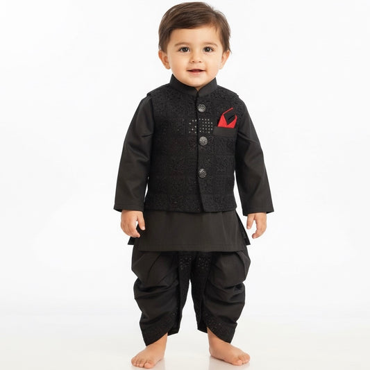 Black Embroidery Dhoti Kurta With Waistcoat