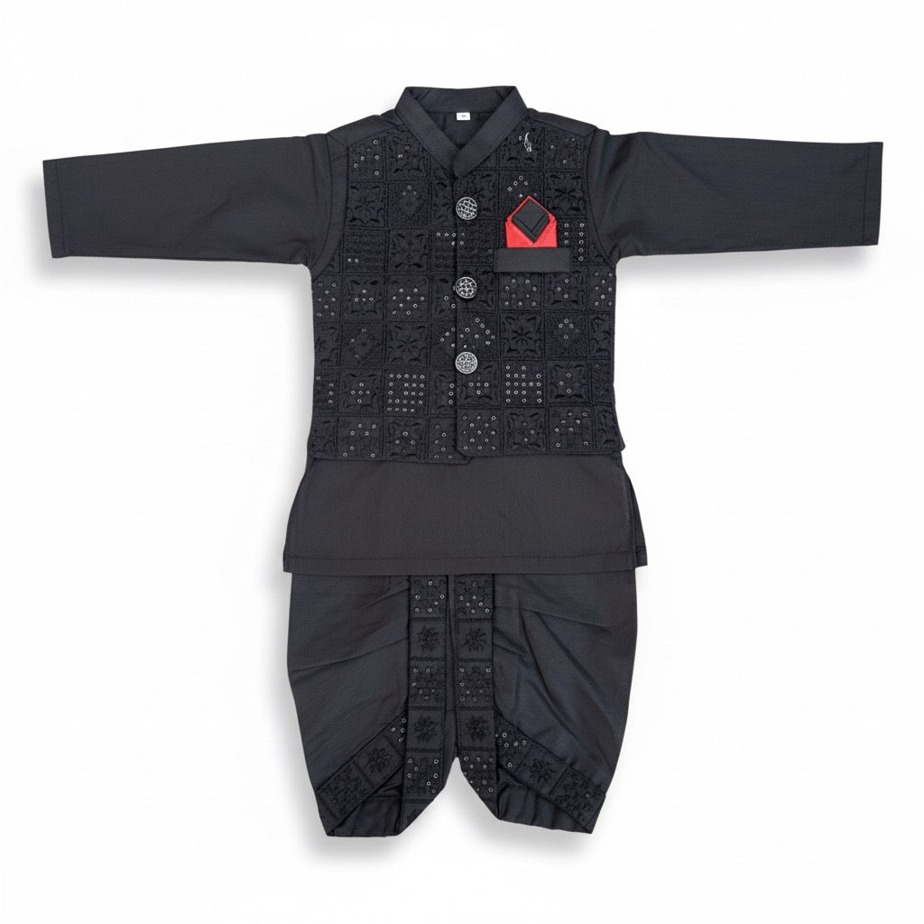 Black Embroidery Dhoti Kurta With Waistcoat