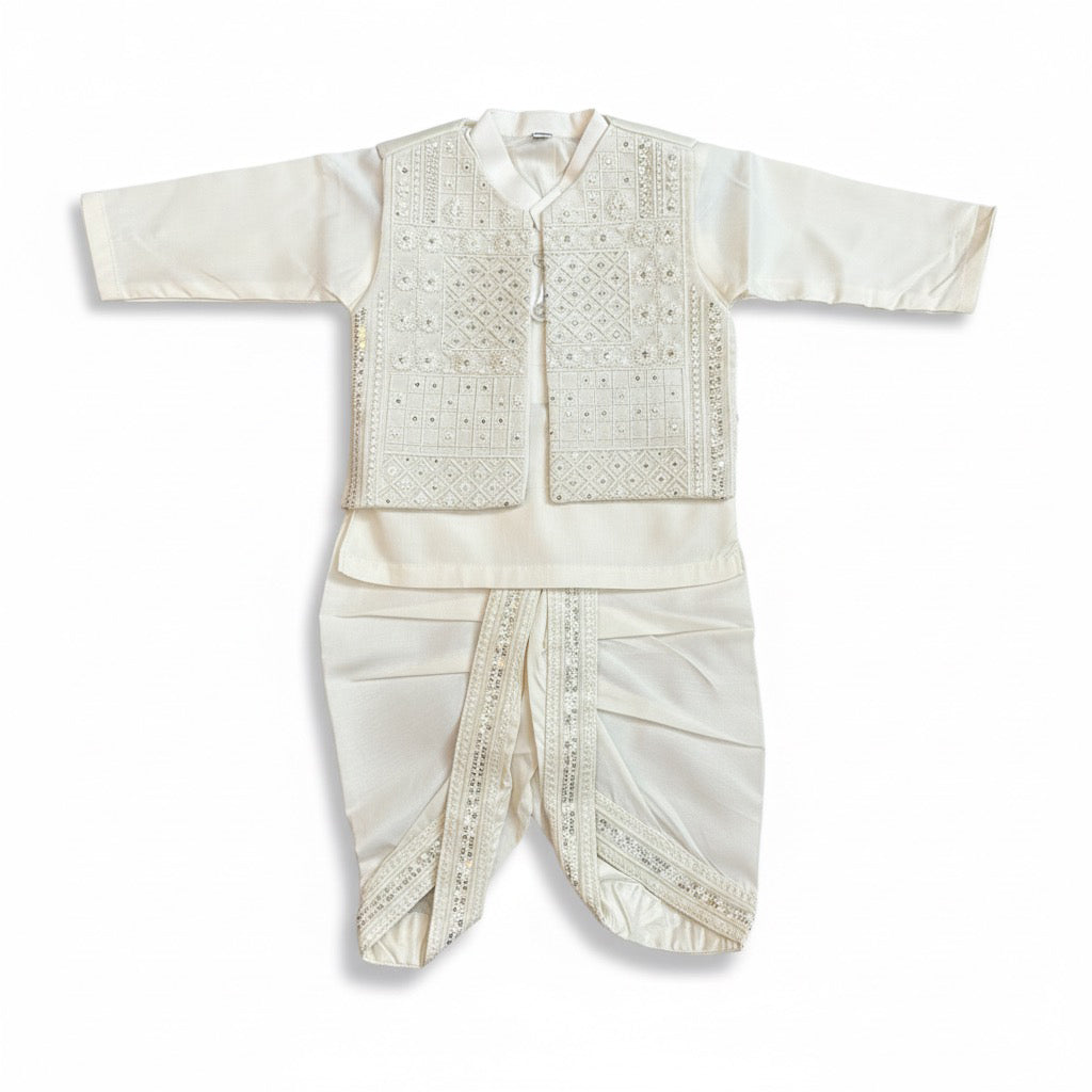 Blocks Embroidery Dhoti Kurta With Waistcoat