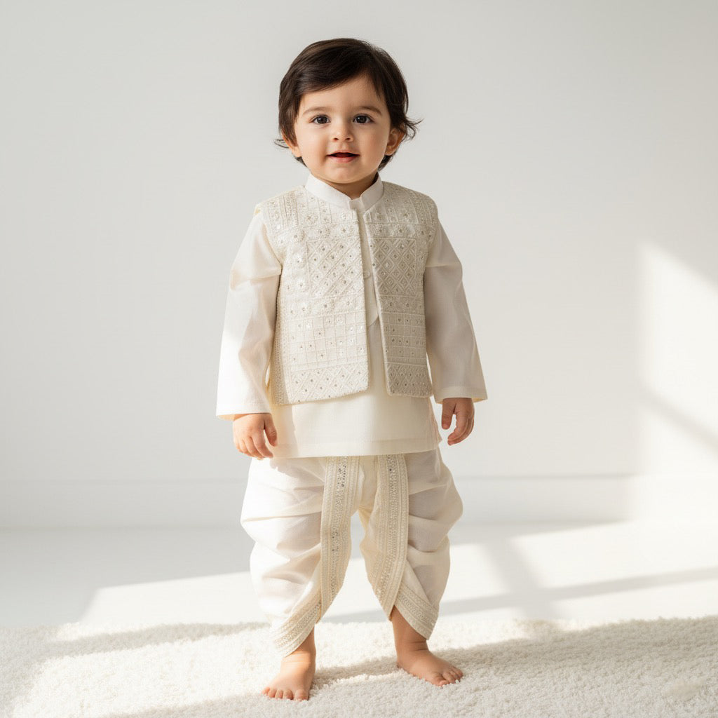 Blocks Embroidery Dhoti Kurta With Waistcoat