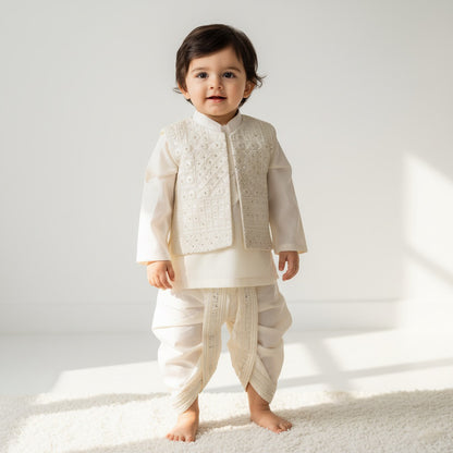 Blocks Embroidery Dhoti Kurta With Waistcoat