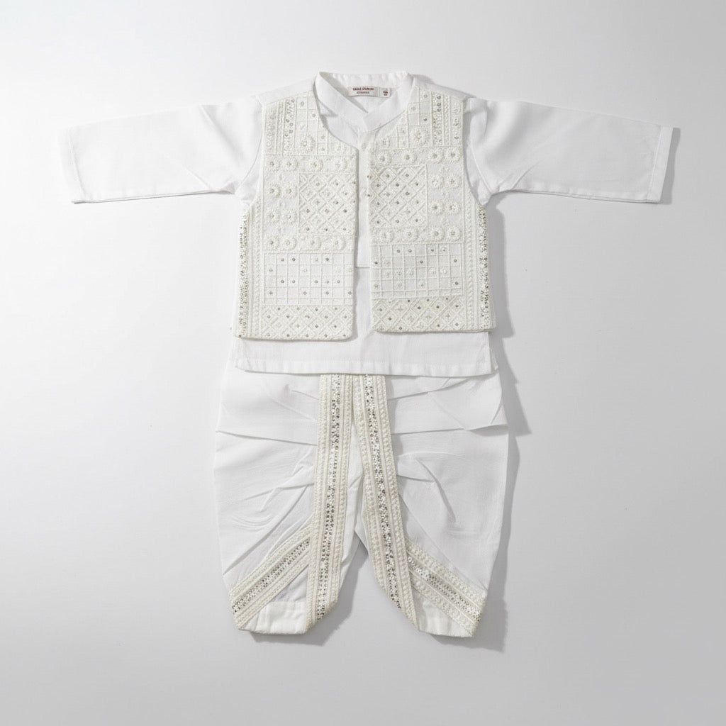 Blocks Embroidery Dhoti Kurta With Waistcoat