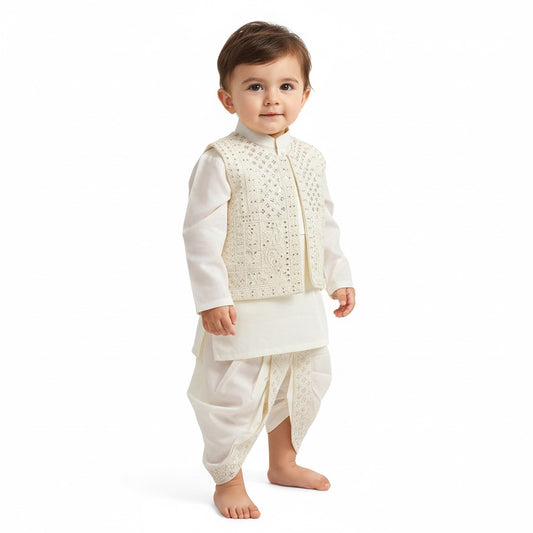 Bloom Embroidery Dhoti Kurta With Waistcoat