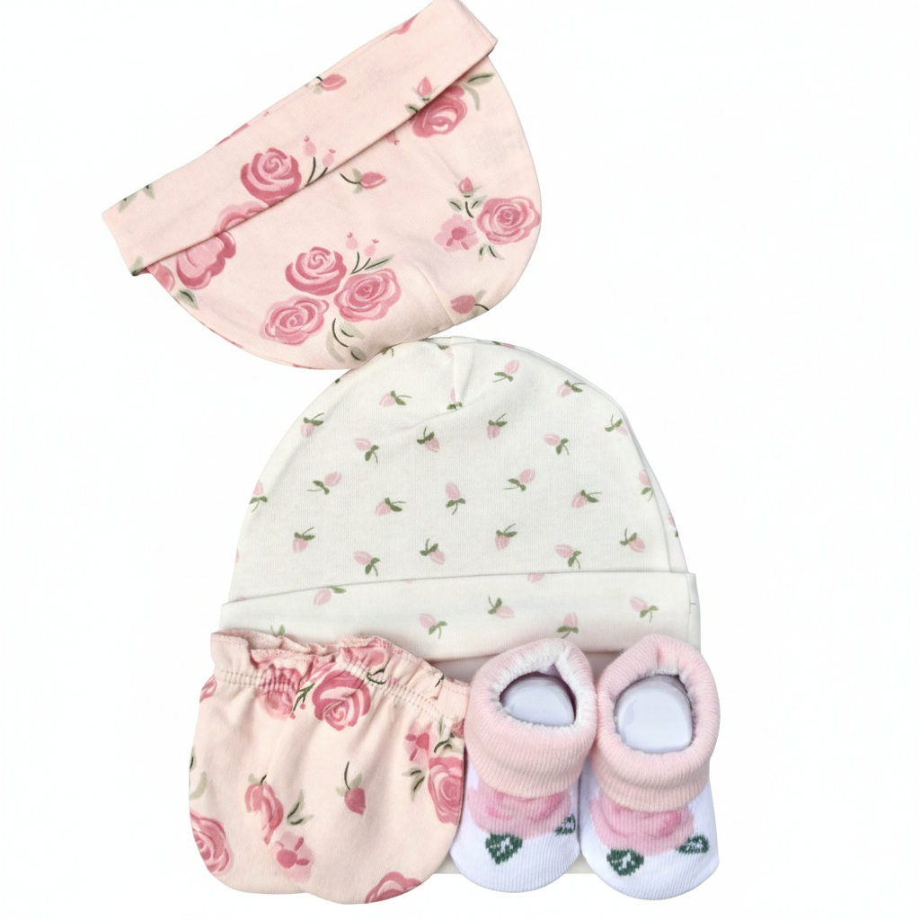 Rose 4 Piece Cap With Mittens & Booties