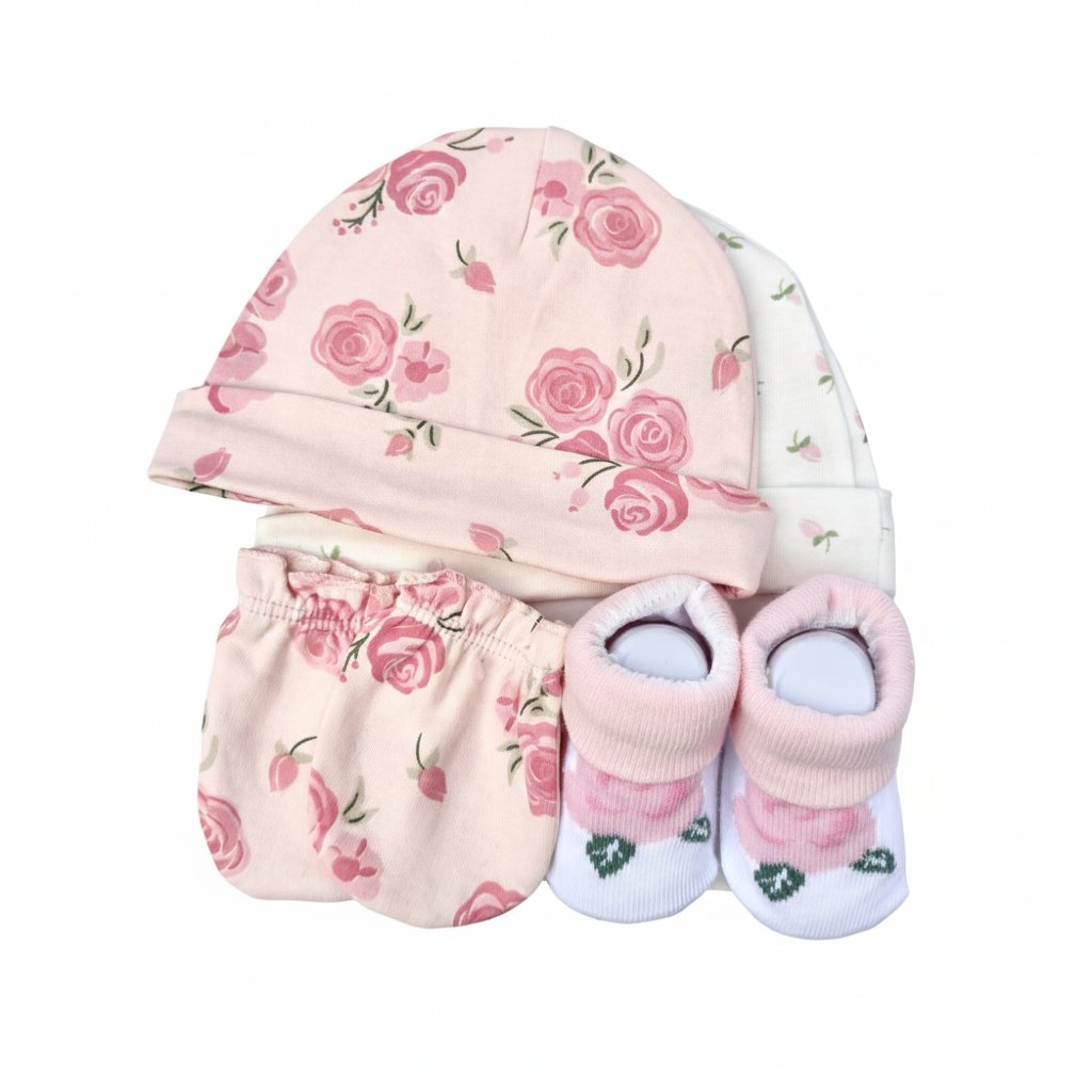 Rose 4 Piece Cap With Mittens & Booties