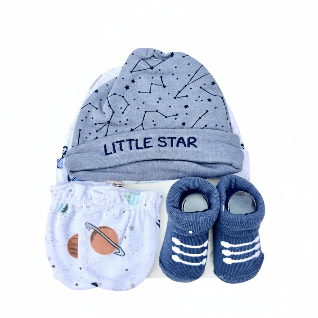 Little Star 4 Piece Cap With Mittens & Booties