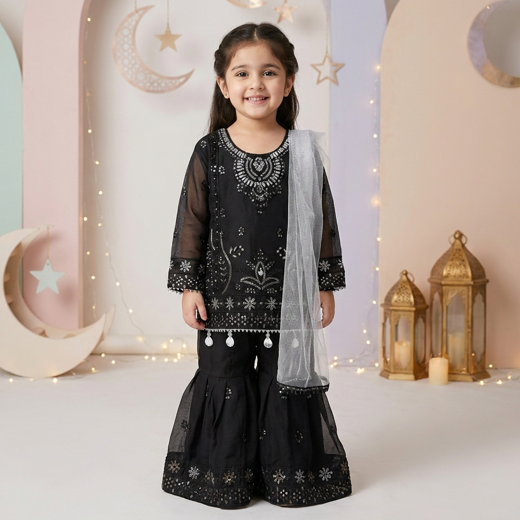 Black Eid Girl 3 Piece Dress