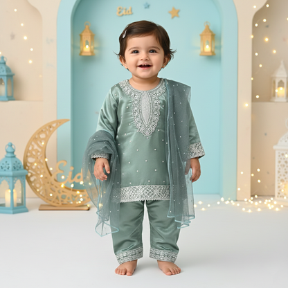 Green Eid Girl 3 Piece Dress
