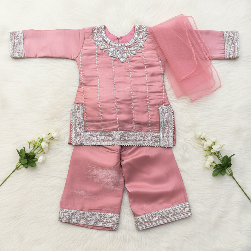 Pink Eid Girl 3 Piece Dress