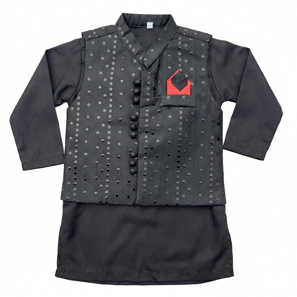 Black Dots Kurta Pajama with Waistcoat