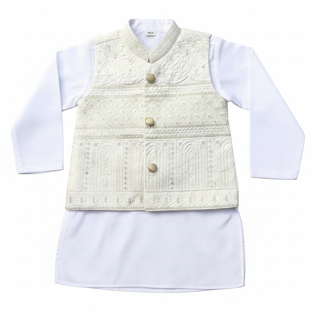 White Gold Kurta Pajama with Waistcoat