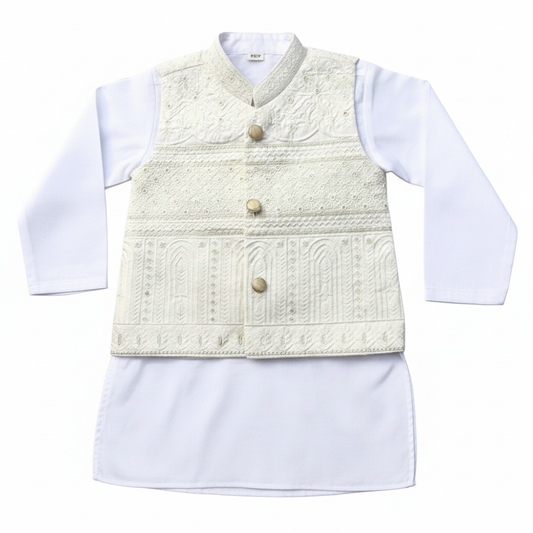 White Gold Kurta Pajama with Waistcoat