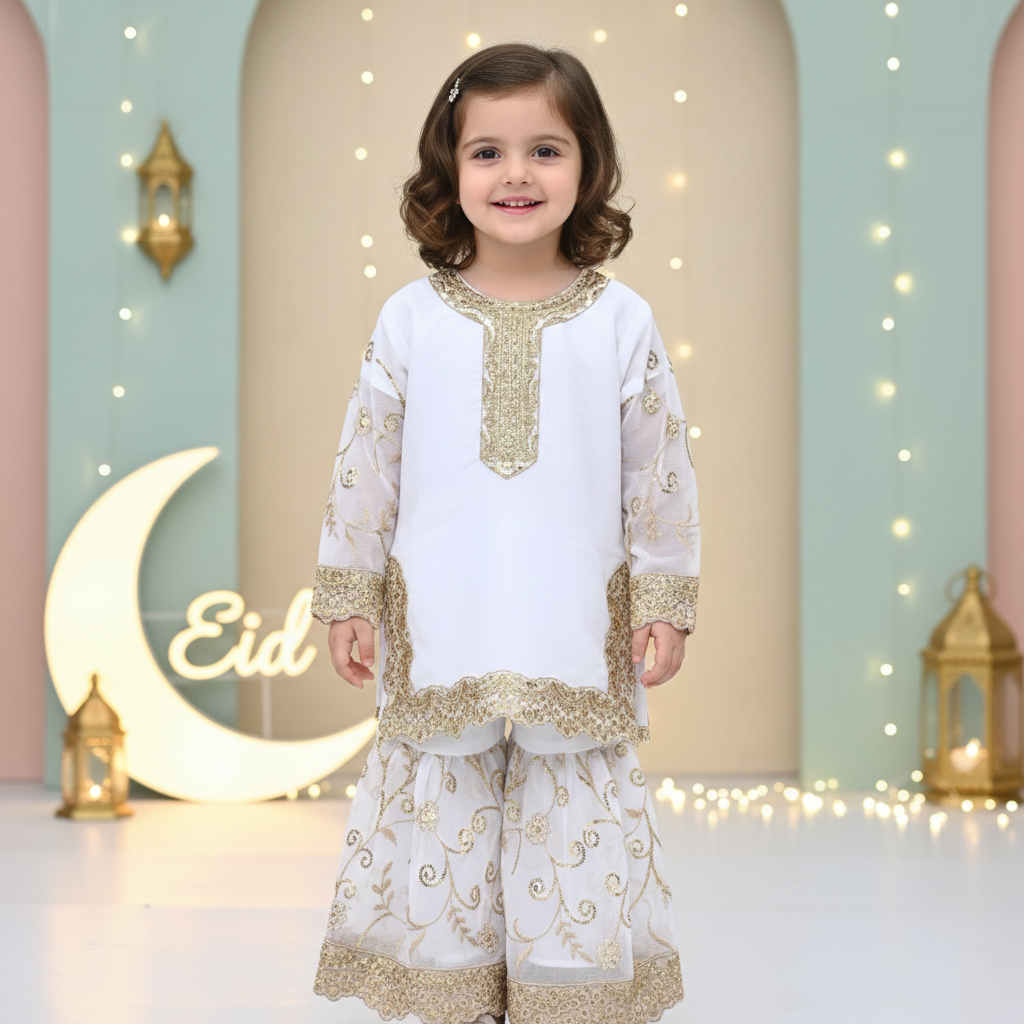 White Eid Girl 3 Piece Dress