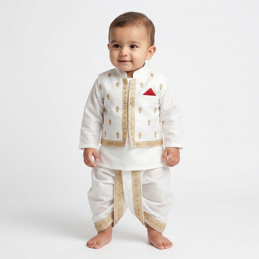 Gold White Dhoti Kurta With Waistcoat