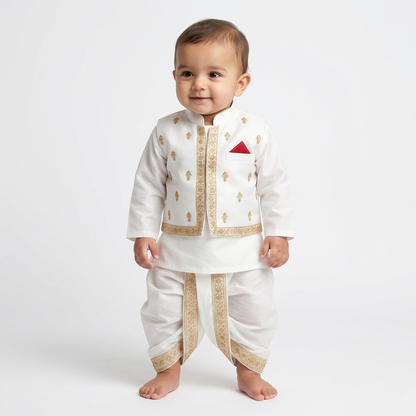 Gold White Dhoti Kurta With Waistcoat