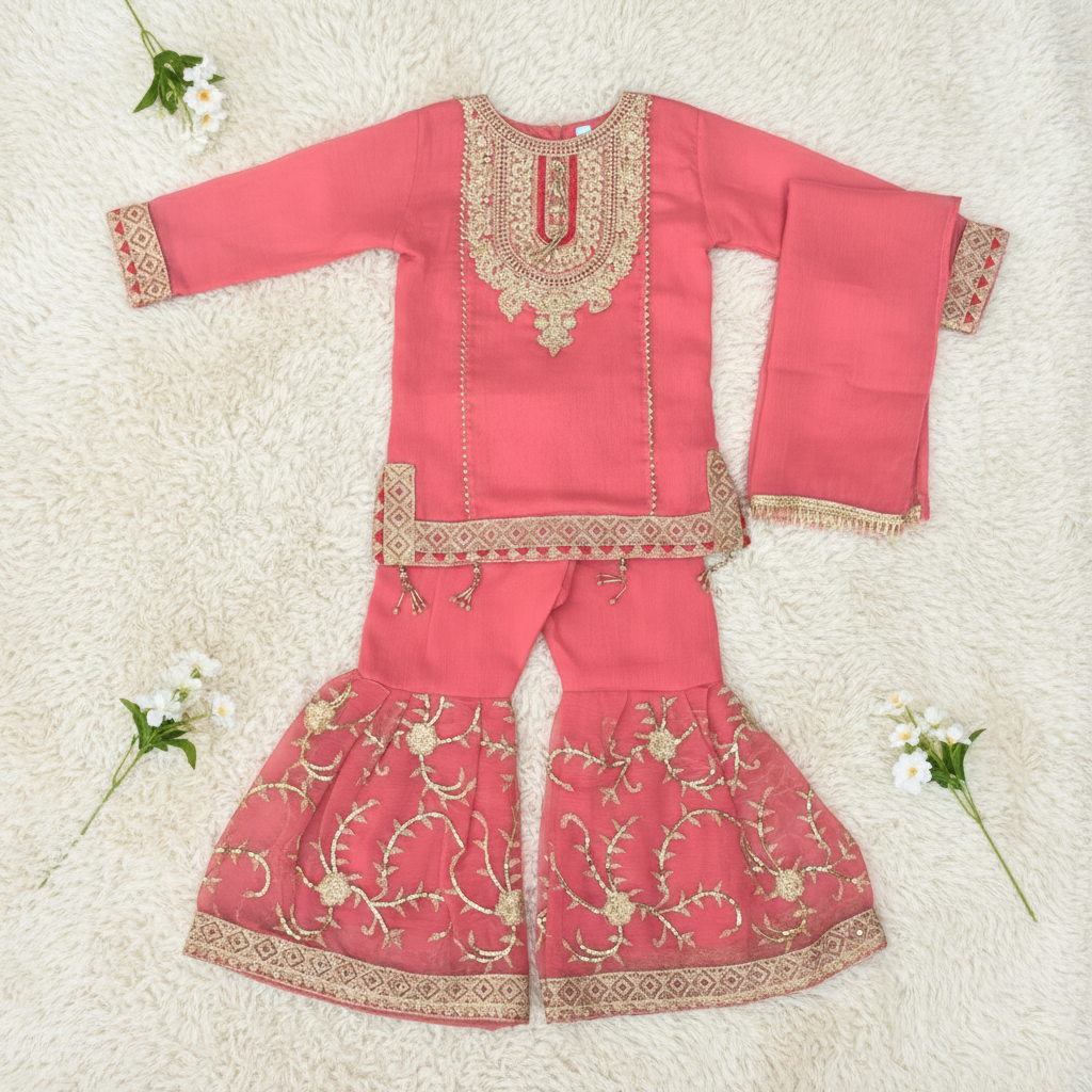Pink Eid Girl 3 Piece Dress (Premium)