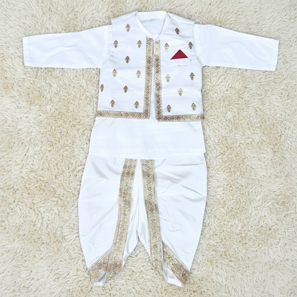 Gold White Dhoti Kurta With Waistcoat