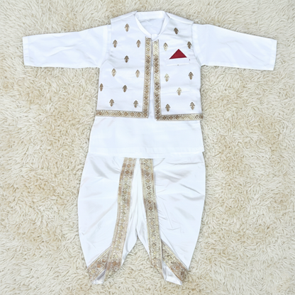 Gold White Dhoti Kurta With Waistcoat