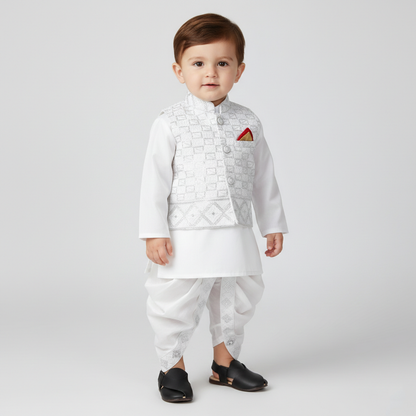 Premium White Dhoti Kurta With Waistcoat