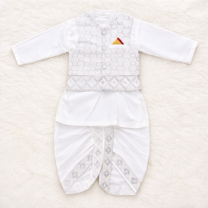 Premium White Dhoti Kurta With Waistcoat