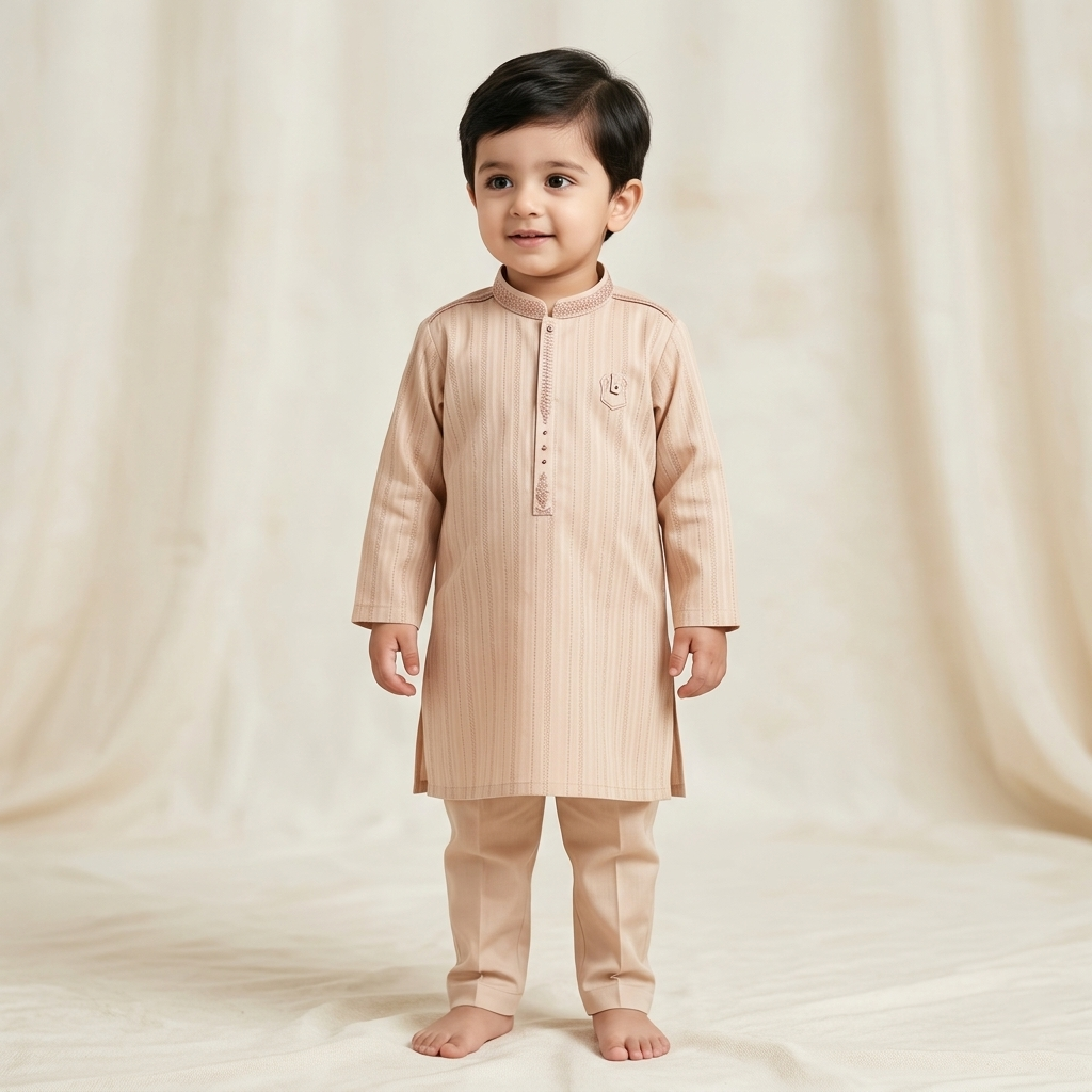 Pale Pink Self Print Kurta Pajama Set