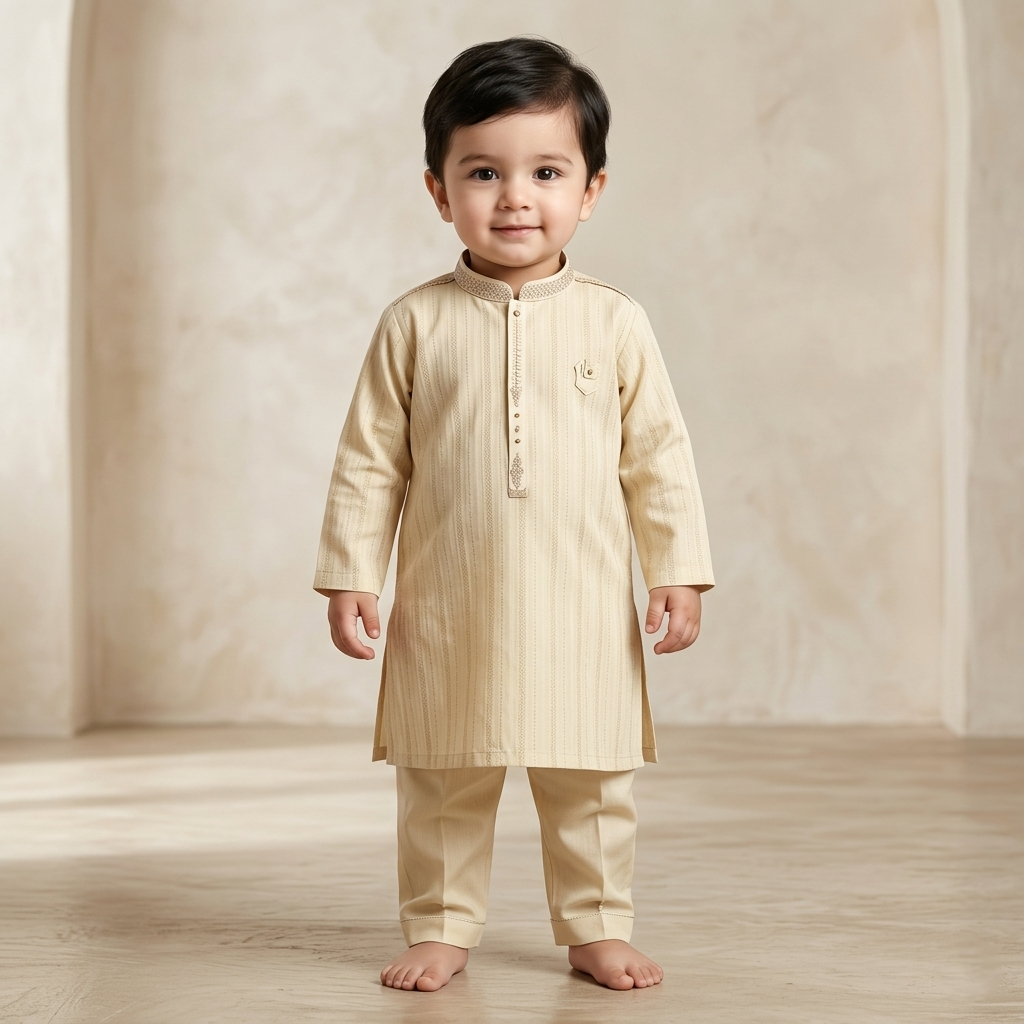 Royal Cream Self Print Kurta Pajama Set