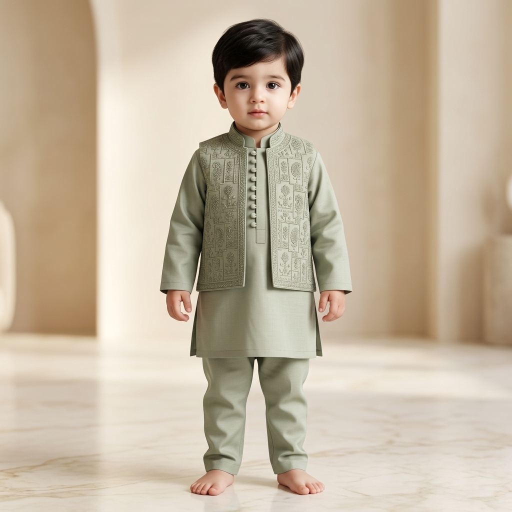 Little Nawab Kurta Pajama Waistcoat Set Pista