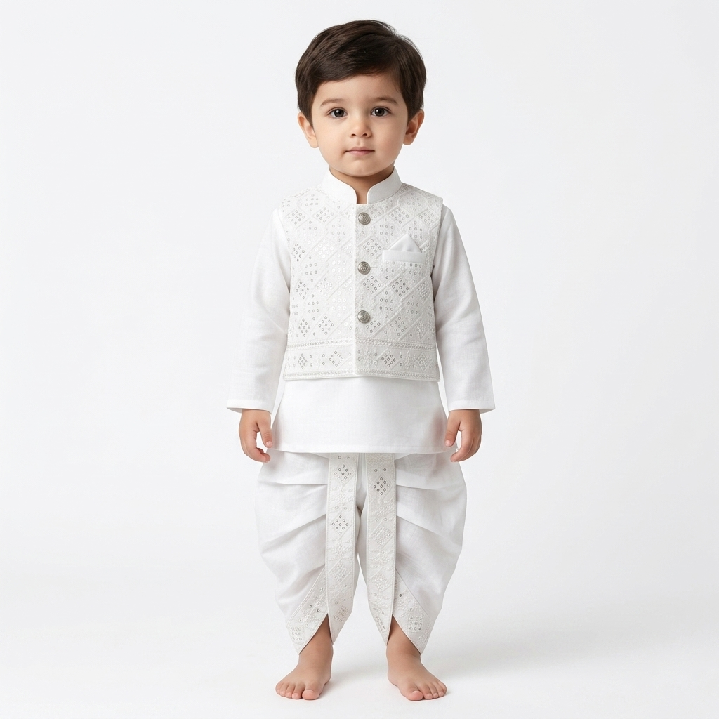 Little Prince White Dhoti Kurta With Waistcoat