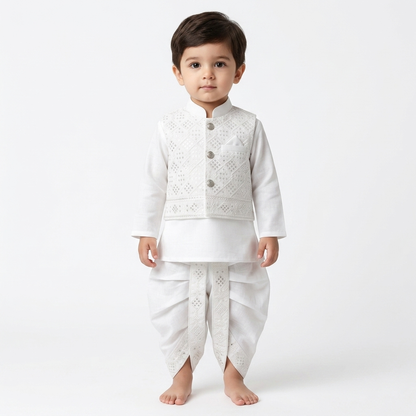 Little Prince White Dhoti Kurta With Waistcoat