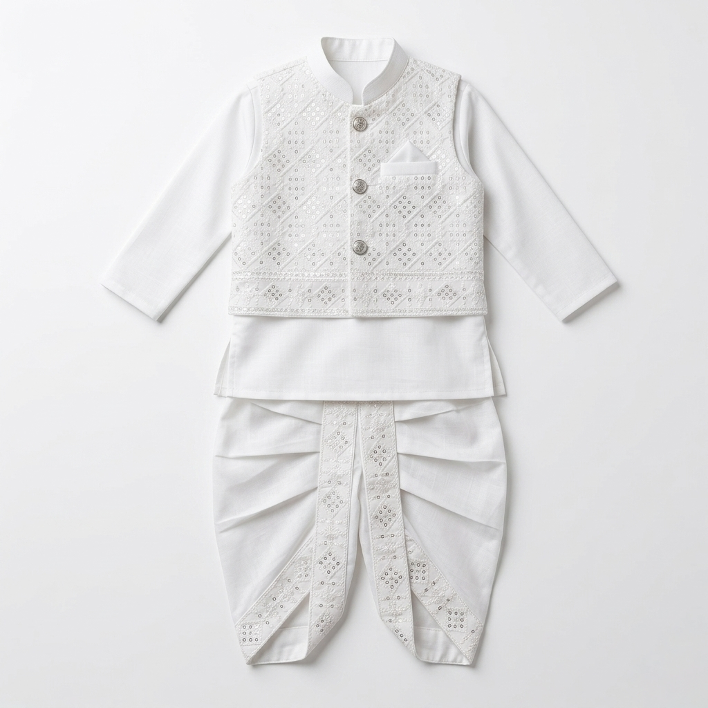 Little Prince White Dhoti Kurta With Waistcoat