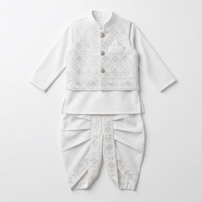 Little Prince White Dhoti Kurta With Waistcoat